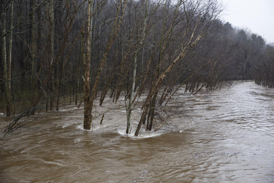 North Chickamauga Creek overflows its banks on Saturday, Feb. 23, 2019, in Soddy-Daisy, Tenn. A week of rainfall led to widespread flooding across the Tennessee Valley. (Doug Strickland/Chattanooga Times Free Press via AP)