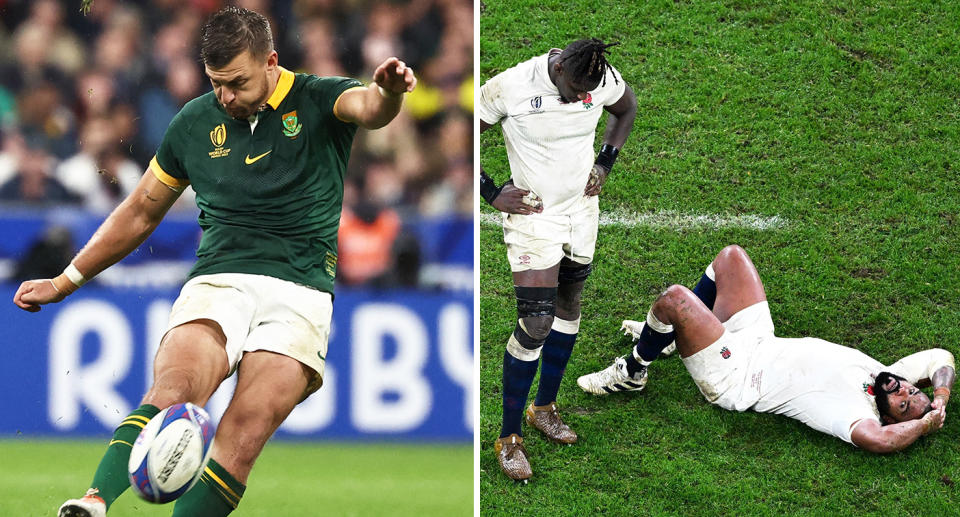 South Africa kicker left and England player's distraught after loss right