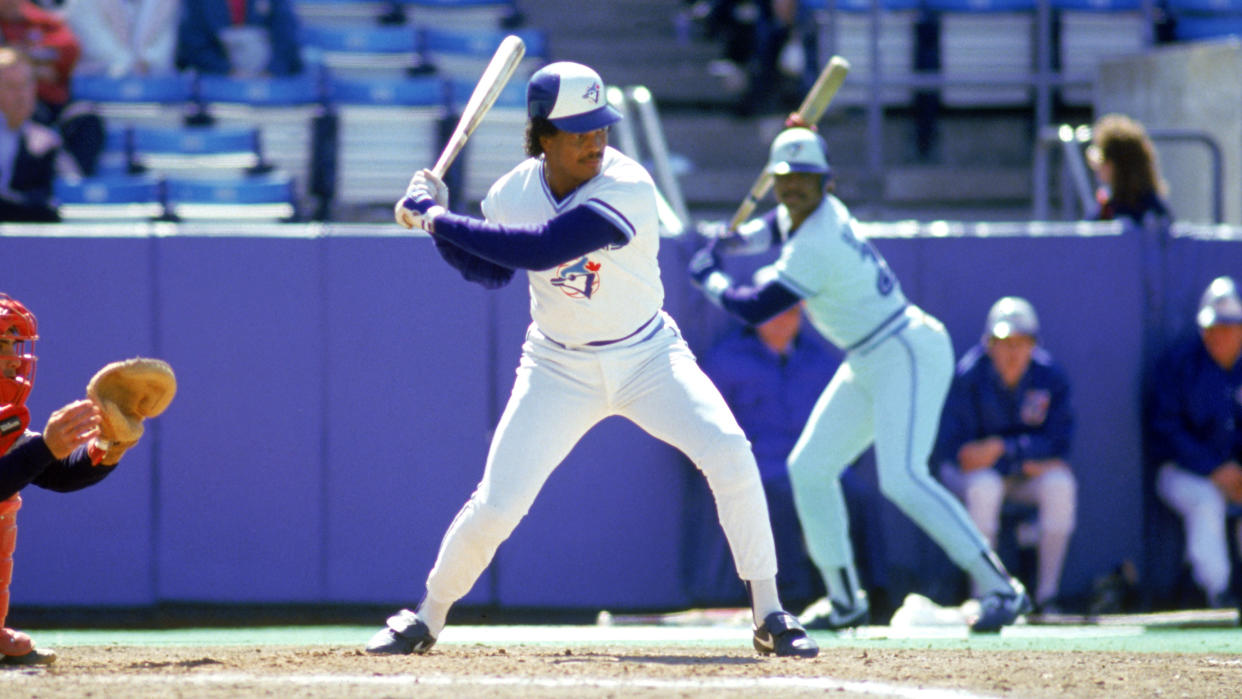 TORONTO - 1987:  George Bell #11 of the Toronto Blue Jays waits for the pitch during a 1987 game against the Cleveland Indians at Exposition Stadium in Toronto, Ontario, Canada.  (Photo by Gray Mortimore/Getty Images)