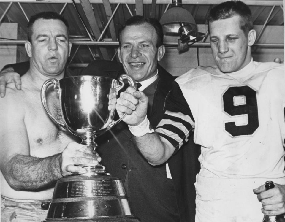 Members of the Hamilton Tiger-Cats celebrate after winning the Grey Cup in Ottawa in 1967. (The Canadian Press)