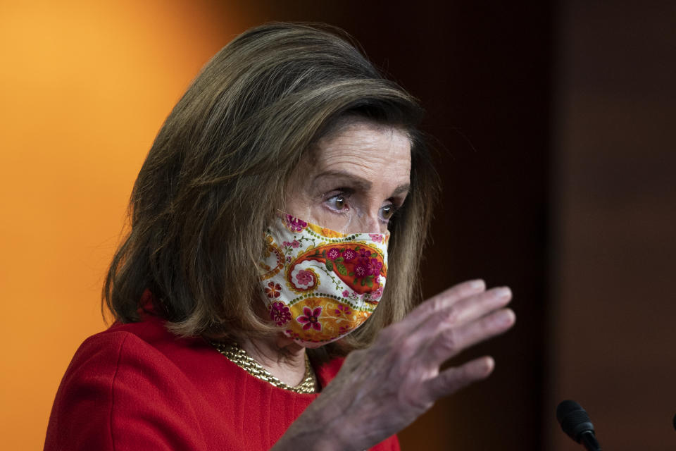 House Speaker Nancy Pelosi of Calif., speaks during a news conference at the Capitol, Thursday, Feb. 11, 2021, in Washington. (AP Photo/Manuel Balce Ceneta)