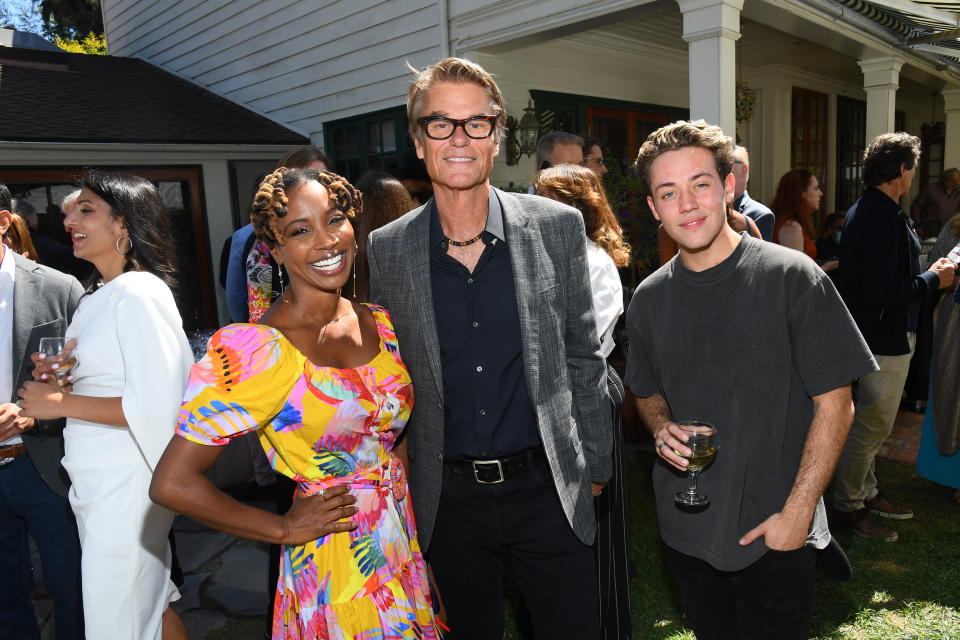 Shanola Hampton, Harry Hamlin and Ethan Cutkosky at The Creative Coalition Humanitarian Awards at a private residence in Los Angeles, California on September 8, 2021. - Credit: Michael Buckner for Variety