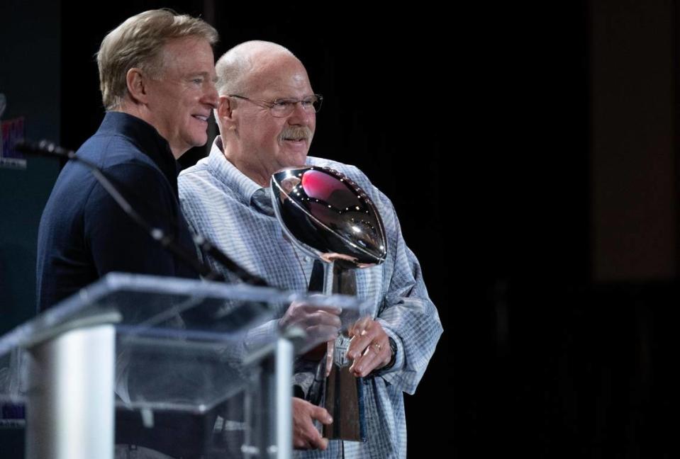 Roger Goodell, Commissioner of the NFL, presents the Lombardi Trophy to Chiefs Head Coach Andy Reid on Monday, Feb. 12, 2024, during a news conference after the Chiefs defeated the 49ers to win Super Bowl LVIII on Sunday, Feb. 12, 2024, in Las Vegas.