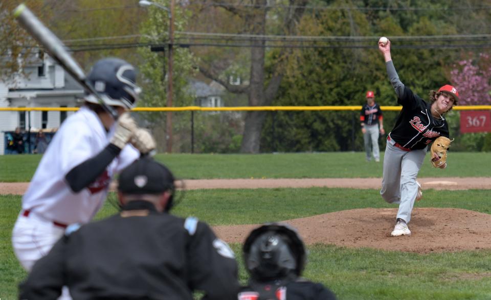 St. John’s Elliott Seymour delivers a pitch to Westborough’s Jake Ritacco during the Montalbano Classic game on Saturday.