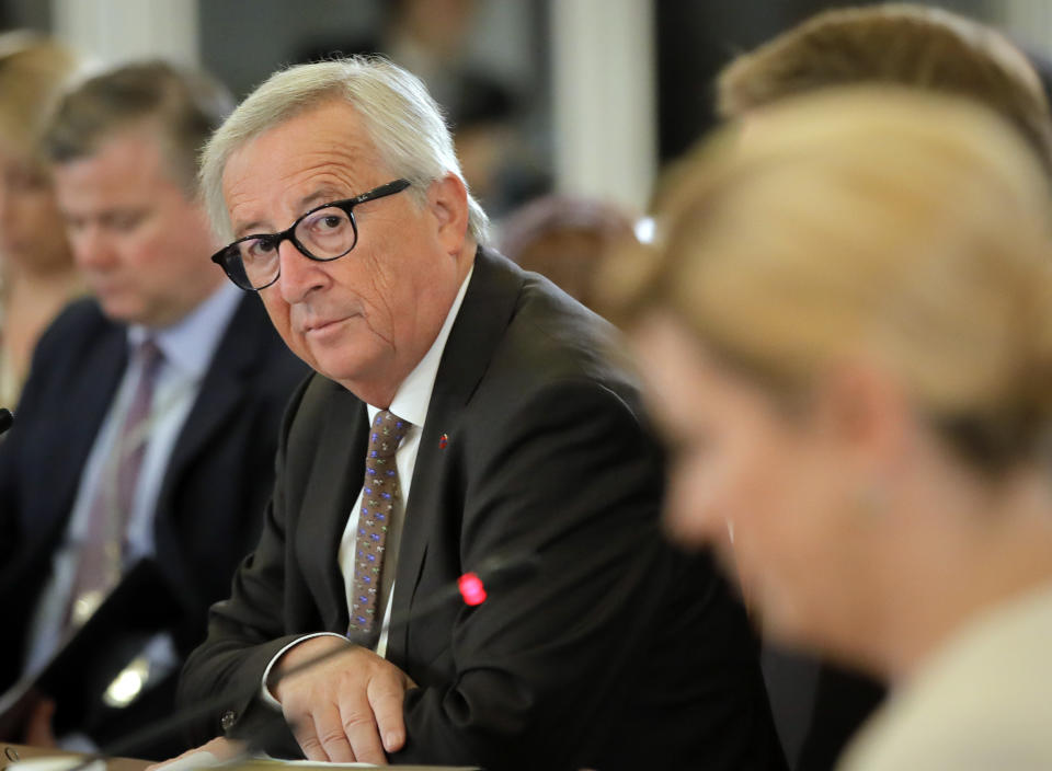 European Union's Commission President Jean-Claude Junker attends the Three Seas Initiative Business Forum in Bucharest, Romania, Tuesday, Sept. 18, 2018. U.S. Energy Secretary Rick Perry says Europe should lessen its dependence on Russian gas and diversify energy sources, speaking at a summit to improve ties between the region and the U.S. and European Union. (AP Photo/Vadim Ghirda)