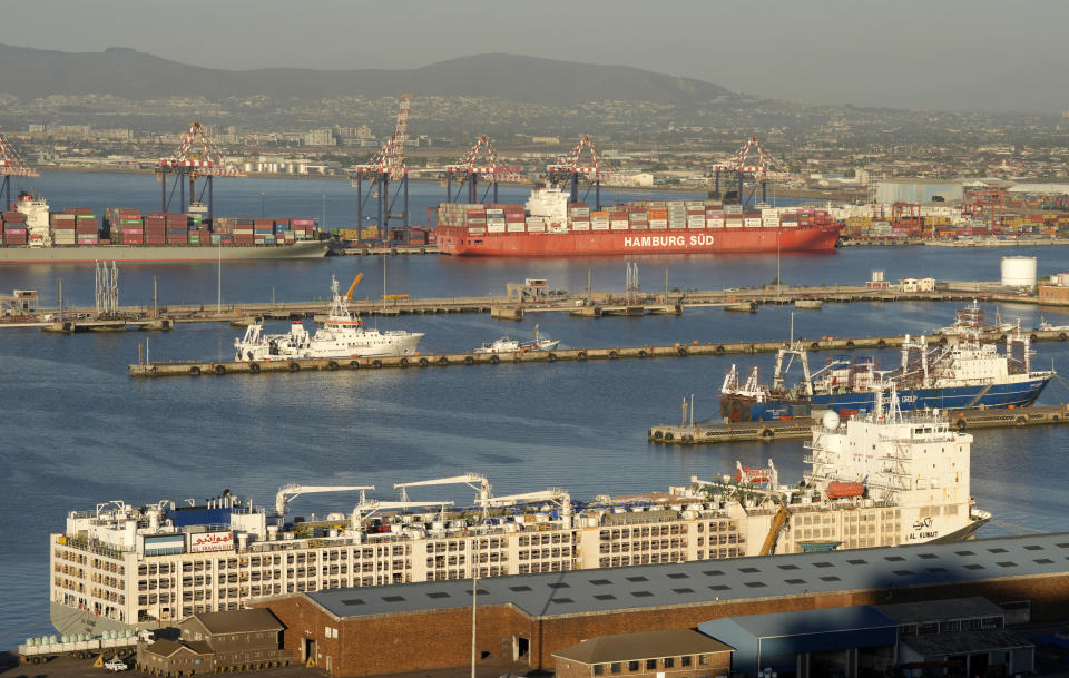 The 190-meter long (623 foot) Al Kuwait is a Kuwaiti-flagged livestock vessel seen docked with 19 000 cattle abroad in the harbour in Cape Town, South Africa, Tuesday, Feb. 20, 2024. Authorities had launched an investigation after a foul stench swept over the South African city, and found that it came from the ship. "This smell is indicative of the awful conditions the animals endure, having already spent two and a half weeks onboard, with a build-up of feces and ammonia," the SPCA said in a statement. (AP Photo/Nardus Engelbrecht)