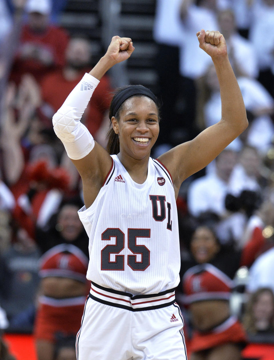 Louisville guard Asia Durr raises her arms in celebration following Louisville's 78-69 victory over Connecticut in an NCAA college basketball game in Louisville, Ky., Thursday, Jan. 31, 2019. (AP Photo/Timothy D. Easley)