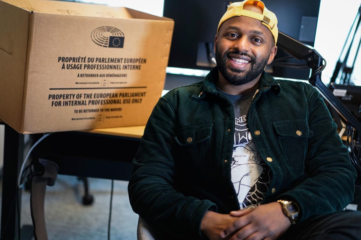 Britain's MEP of the Green party Magid Magid poses during a photo session in his office at the European Parliament in Brussels on January 23, 2020. (Photo by Kenzo TRIBOUILLARD / AFP) (Photo by KENZO TRIBOUILLARD/AFP via Getty Images)