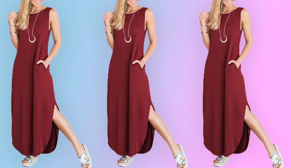 A woman wearing a burgundy loose maxi dress (repeated 3 times)