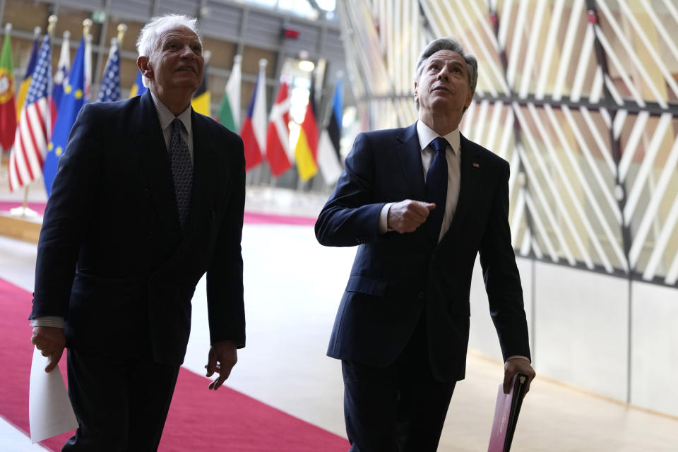 European Union foreign policy chief Josep Borrell, left, and United States Secretary of State Antony Blinken speak after addressing the media prior to the EU-US Energy Council Ministerial meeting at the European Council building in Brussels, Tuesday, April 4, 2023. (AP Photo/Virginia Mayo)