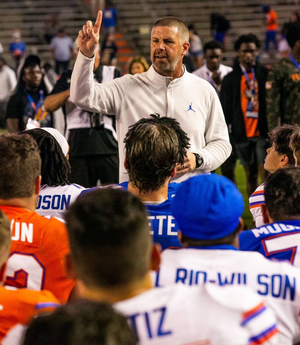 Florida Gators head coach Billy Napier tells how proud he is of his team after Blue beat Orange 34-0 as the Florida Gators scrimmaged themselves during the annual Orange and Blue spring game at Ben Hill Griffin Stadium in Gainesville, FL, Thursday afternoon, April 14, 2022. [Doug Engle/Ocala Star Banner]2022<br>Oca Orangeandbluegame