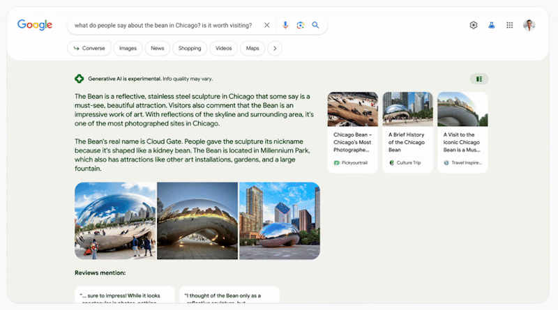 An AI summary on Google Search of the Bean in Chicago