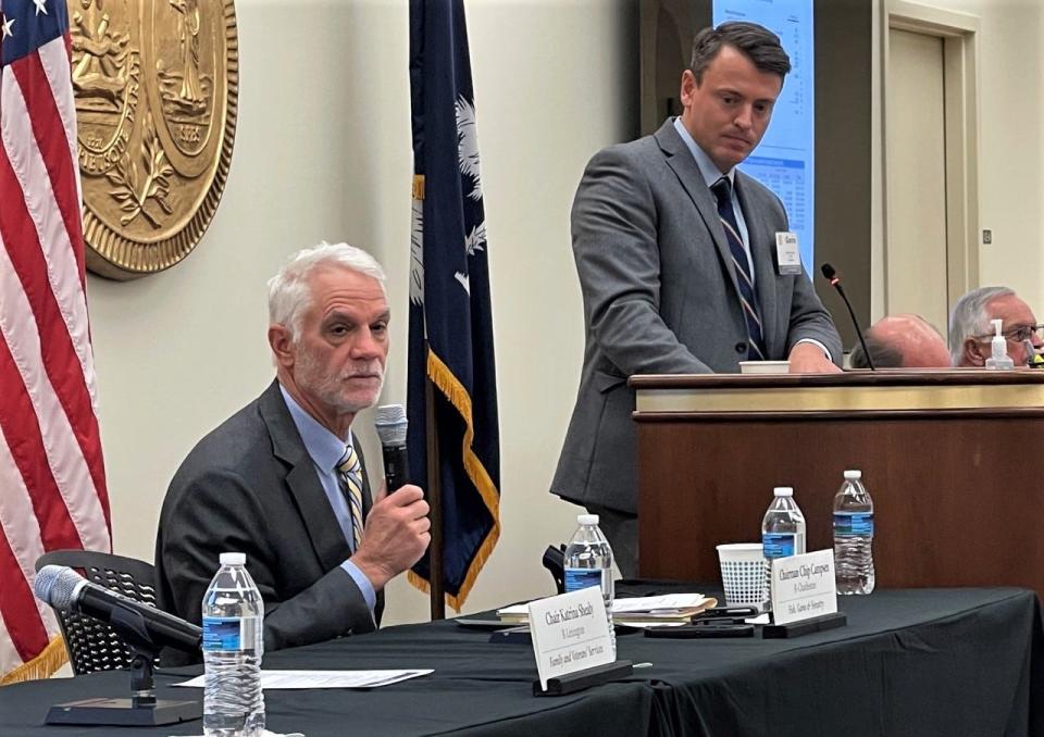 State Sen. Chip Campsen, R-Charleston, left, addresses the media during a legislative preview in Columbia, Monday. At right is moderator Gavin Jackson of South Carolina Educational Television.