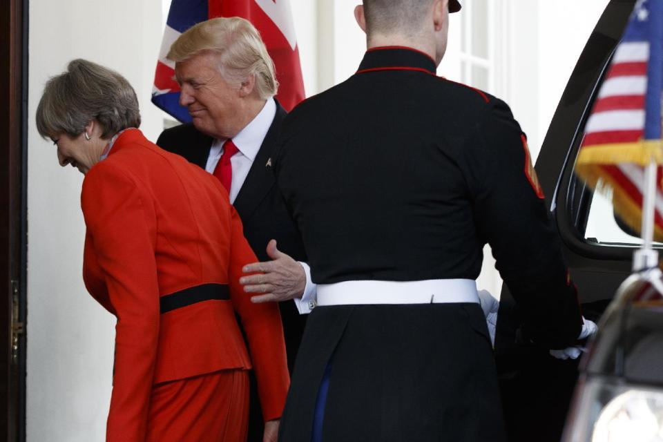 President Donald Trump welcomes British Prime Minister Theresa May to the White House in Washington, Friday, Jan. 27, 2017. (AP Photo/Evan Vucci)