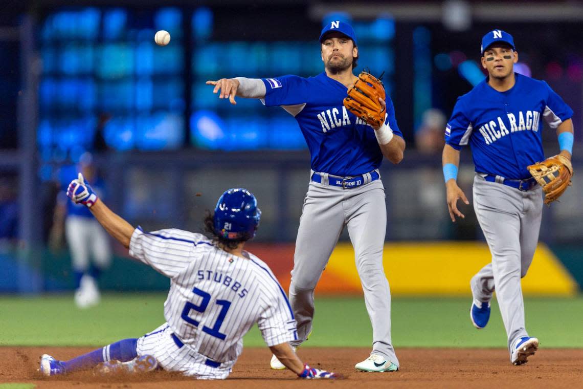 Nicaragua second baseman Alex Blandino (10) throws the ball to first base to turn the double play during the first inning of a 2023 World Baseball Classic pool D game against Israel at loanDepot Park in Miami, Florida, on Sunday, March 12, 2023.