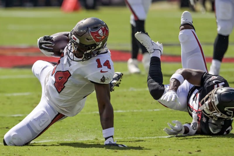 Tampa Bay Buccaneers wide receiver Chris Godwin (L) is a fantasy football WR2 in Week 16. File Photo by Steve Nesius/UPI