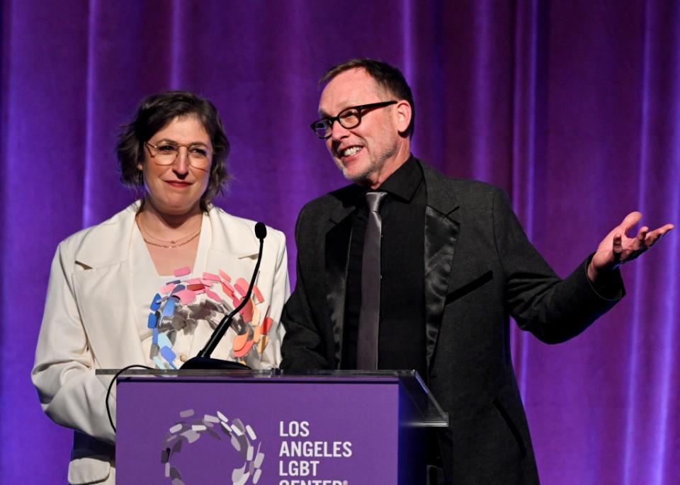 Mayim Bialik and Del Shores at The Los Angeles LGBT Center Gala held at the Fairmont Century Plaza on April 22, 2023 in Los Angeles, California.