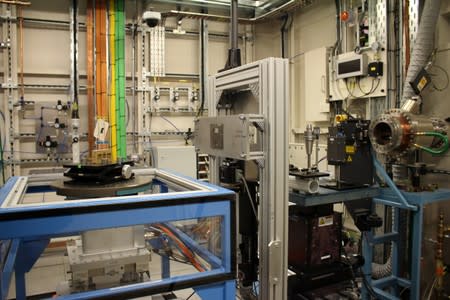 Fragment of Herculaneum scroll is fixed in place at a Diamond Light Source experimental station after it was scanned using bright x-rays in Didcot