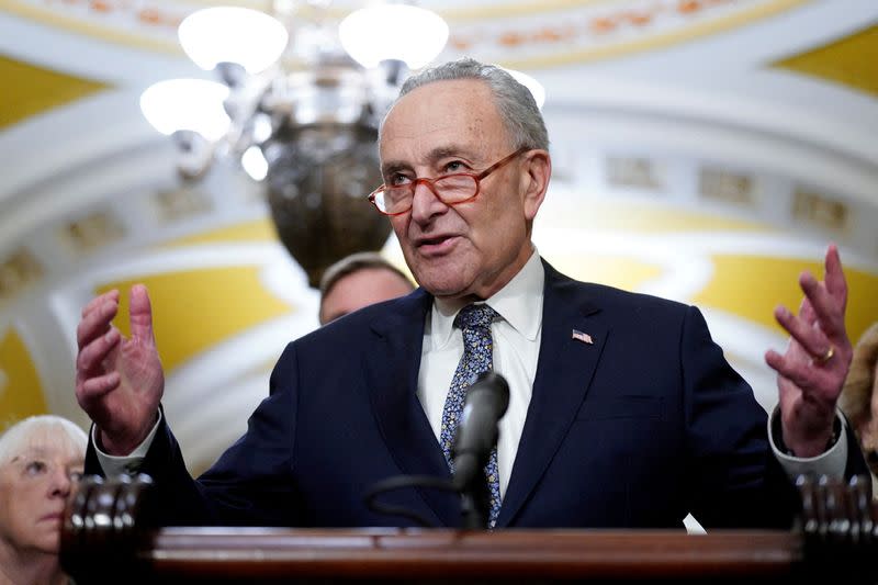 FILE PHOTO: U.S. Senate Majority Leader Schumer (D-NY) speaks to reporters after the weekly senate party caucus luncheons, in Washington