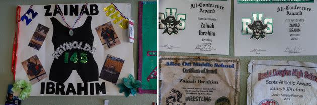 Wrestling awards hang in Ibrahim's dorm room.