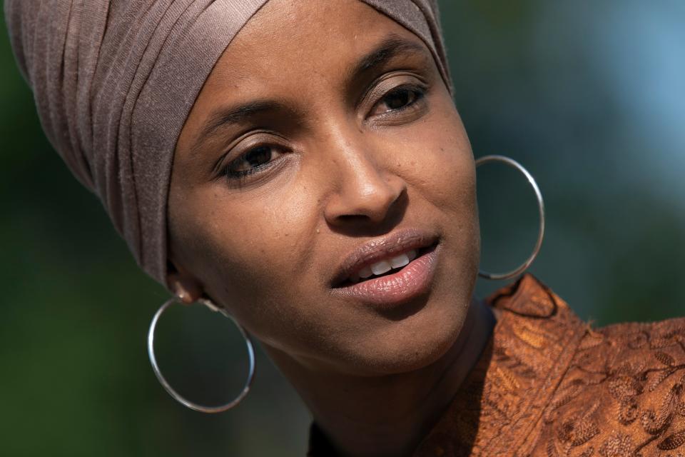 Rep. Ilhan Omar, D-Minn., the first Somali-American elected to Congress who is a frequent target of President Donald Trump, speaks as she introduces the Zero Waste Act that creates a federal grant program to help local governments invest in waste reduction initiatives, at the Capitol in Washington, Thursday, July 25, 2019. (AP Photo/J. Scott Applewhite)