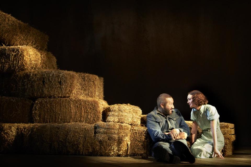 This image released by Polk & Co. shows Chris O'Dowd, left, and Leighton Messter in a scene from "Of Mice and Men," in New York. (AP Photo/Polk & Co., Richard Phibbs)