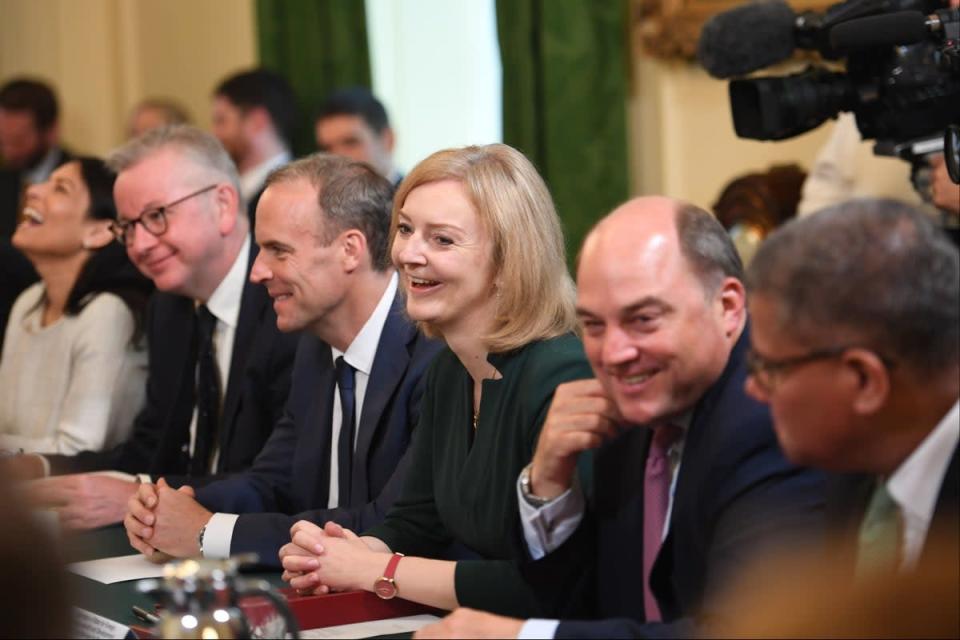Home Secretary Priti Patel, Housing Secretary Michael Gove, Justice Secretary and deputy Prime Minister Dominic Raab, Foreign Secretary Liz Truss, Defence Secretary Ben Wallace and Cop26 President Alok Sharma during the first Cabinet meeting since the reshuffle at 10 Downing Street (PA)