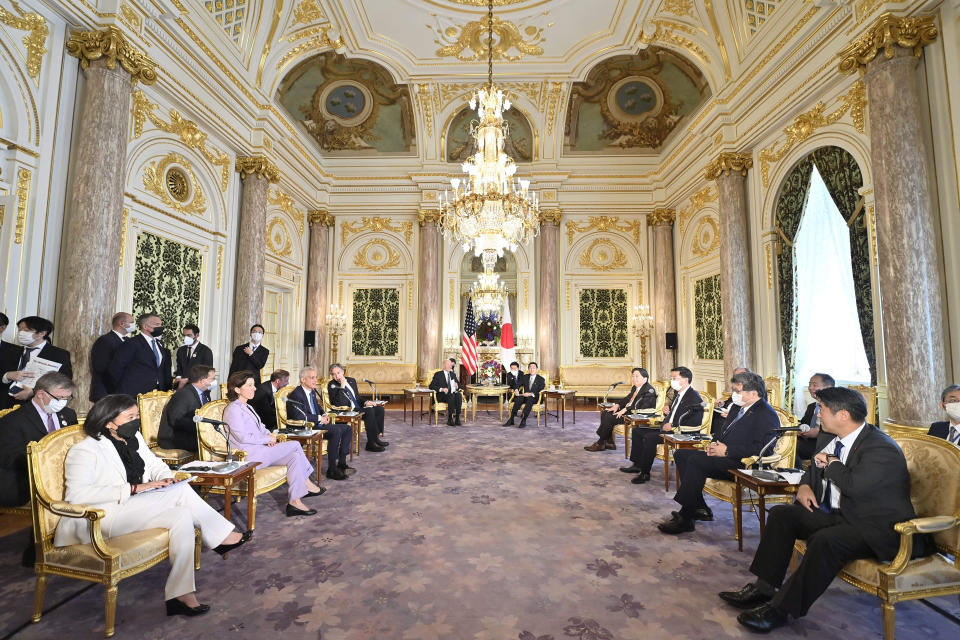 U.S. President Joe Biden, center left, and Japan's Prime Minister Fumio Kishida, center right, meet at Akasaka Palace State Guest House in Tokyo Monday, May 23, 2022. (David Mareuil/Pool Photo via AP)