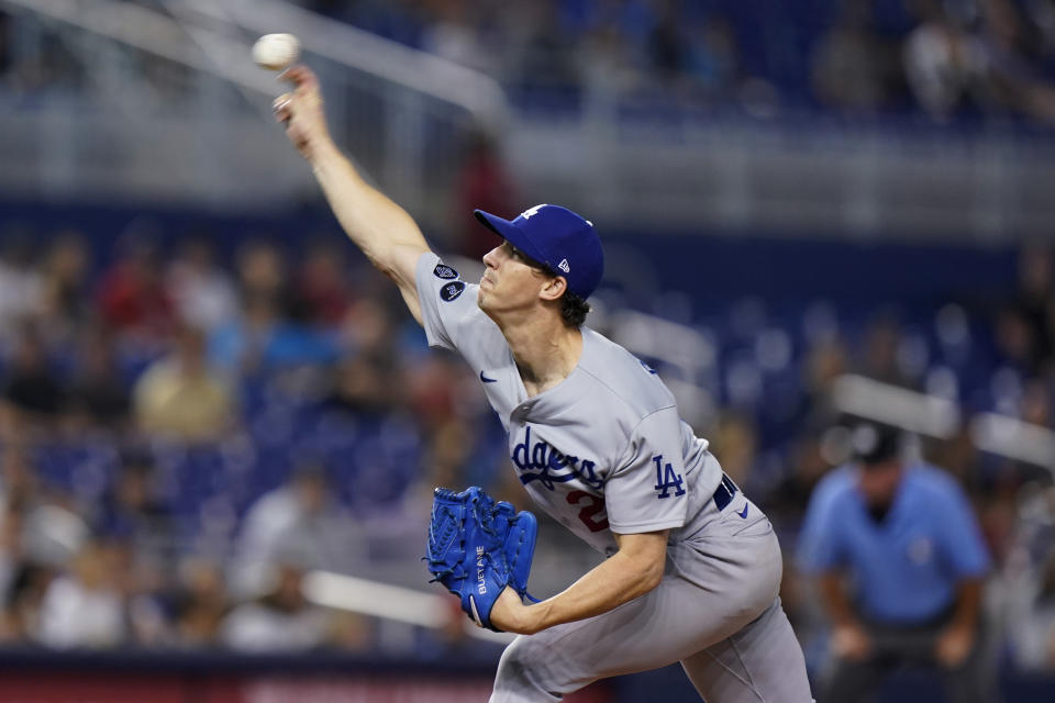 Los Angeles Dodgers' Walker Buehler delivers a pitch during the first inning of a baseball game against the Miami Marlins, Monday, July 5, 2021, in Miami. (AP Photo/Wilfredo Lee)