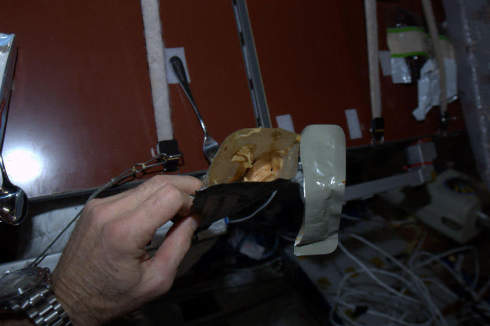 Lunch in a Pouch - this is Fiesta Chicken. Very tasty. You can see my long spoon velcroed to the table.