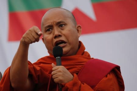 FILE PHOTO: Myanmar Buddhist monk Wirathu speaks at a rally against constitution change in Yangon
