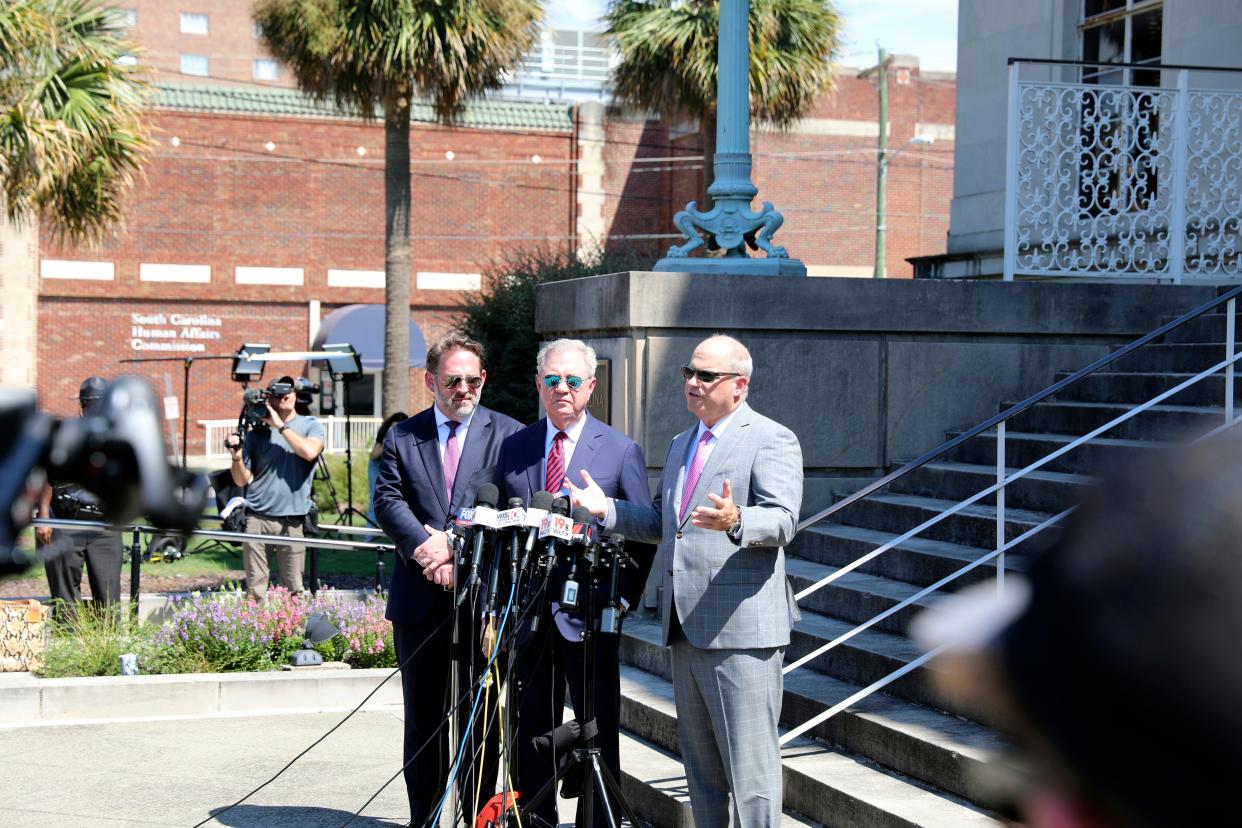 Alex Murdaugh's attorneys Phillip Barber, from left, Dick Harpootlian and Jim Griffin speak at a news conference after filing an appeal of Murdaugh's double murder conviction on Tuesday, Sept. 5, 2023, in Columbia, S.C. The attorneys say the elected clerk of court influenced jurors by telling them not to be fooled by the defense's evidence during the trial and had private conversations with the jury foreperson. (AP Photo/Jeffrey Collins) ORG XMIT: RPJC102