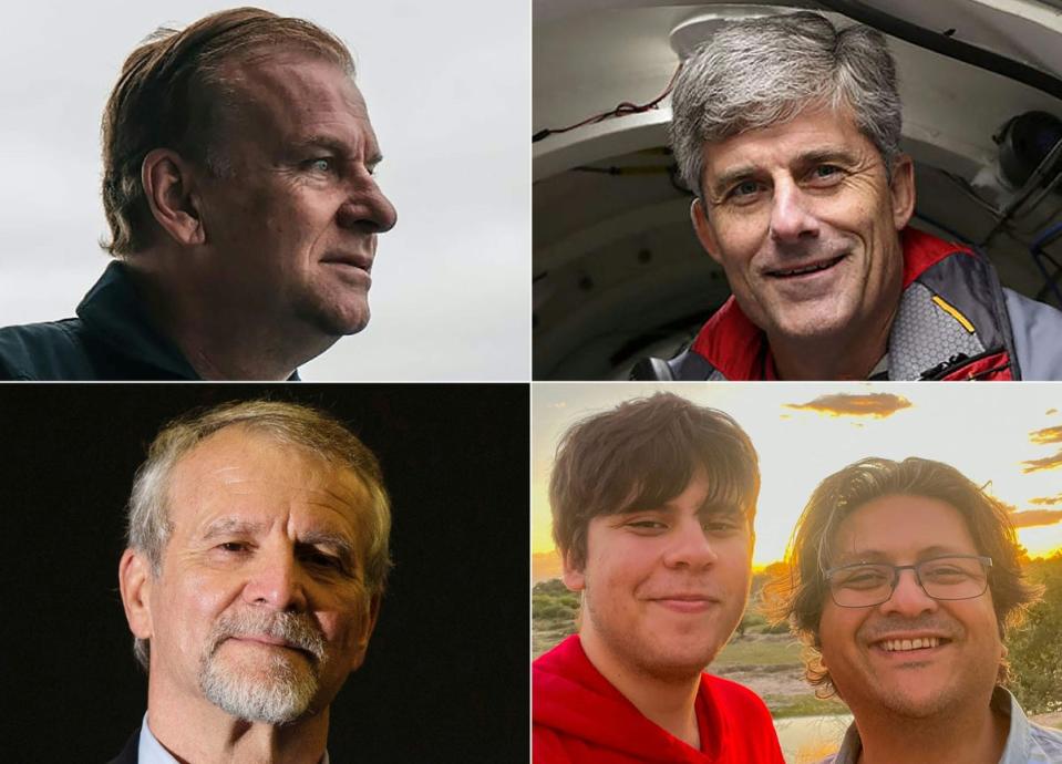 The five crew members confirmed to have died are, clockwise from top left, Hamish Harding, Stockton Rush, Shahzada and Suleman Dawood, and Paul-Henri Nargeolet. (Dirty Dozen Productions/OceanGate/AFP/Getty)