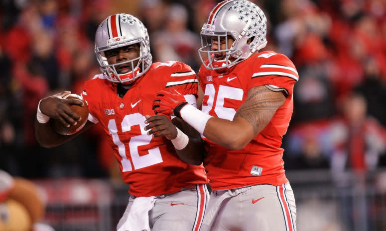 Ohio State QB Cardale Jones celebrates a touchdown.