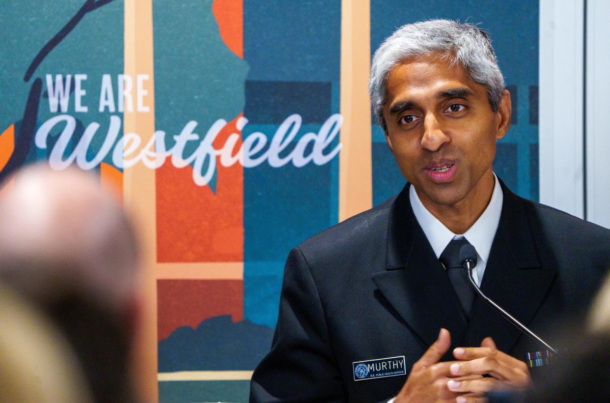 Following a conversation with Westfield High School's student mental health club, Robbie’s Hope, First Lady Jill Biden and Surgeon General Dr. Vivek Murthy participate in a roundtable discussion Wednesday, Aug. 30, 2023, to hear how the school, district, state, and federal government work together to support students’ mental health needs.