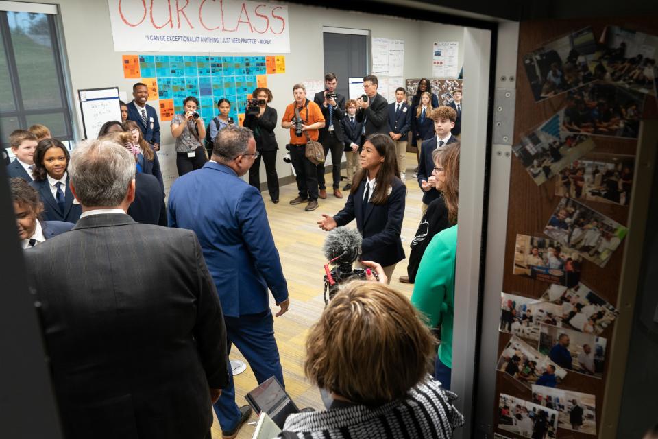 College prep students at TCALC welcome in Miguel Cardona, U.S. secretary of education, to their classroom Tuesday to show what they're learning.