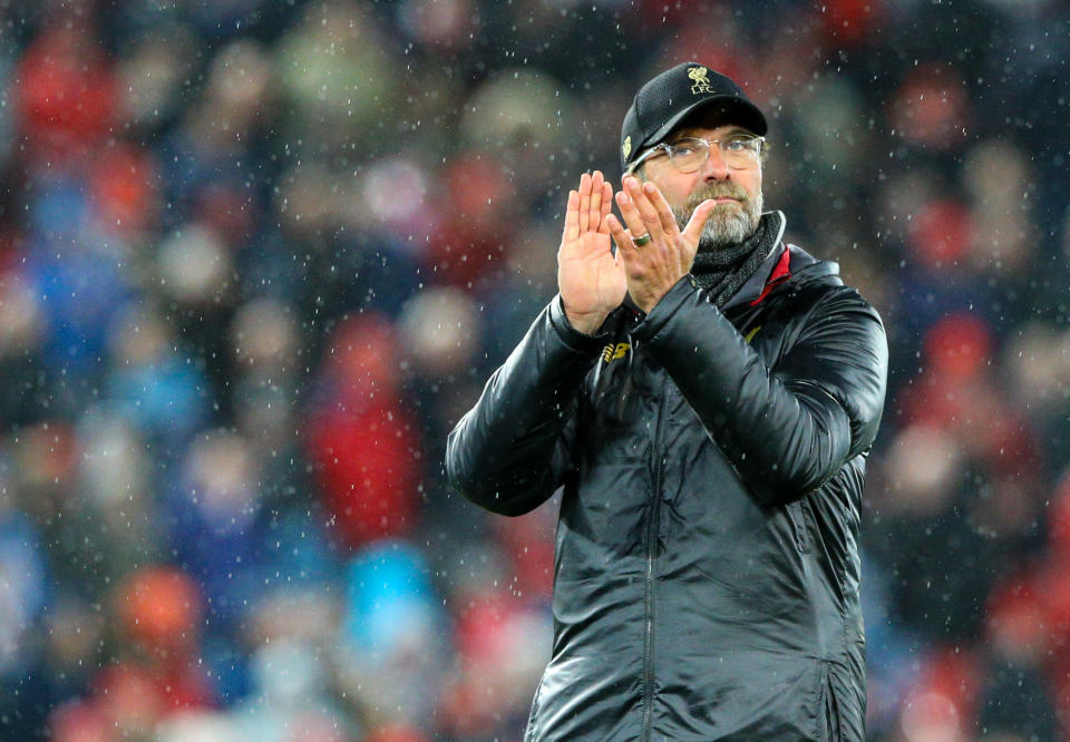 LIVERPOOL, ENGLAND - APRIL 26: Liverpool manager JÃ¼rgen Klopp celebrates victory during the Premier League match between Liverpool FC and Huddersfield Town at Anfield on April 26, 2019 in Liverpool, United Kingdom. (Photo by Alex Dodd - CameraSport via Getty Images)