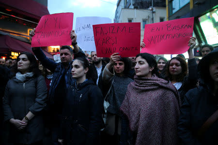 Anti-government protesters take part in a demonstration at the Besiktas district in Istanbul, Turkey, April 17, 2017. REUTERS/Huseyin Aldemir