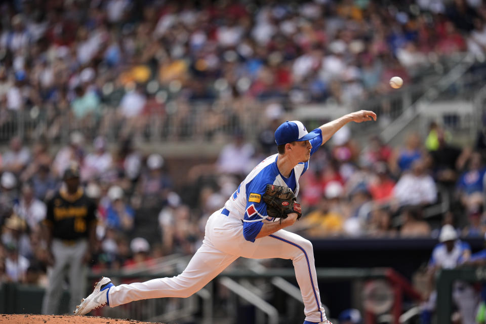 Atlanta Braves pitcher Max Fried (54) works in the third inning of a baseball game against the Pittsburgh Pirates, Saturday, June 29, 2024, in Atlanta. (AP Photo/Mike Stewart)