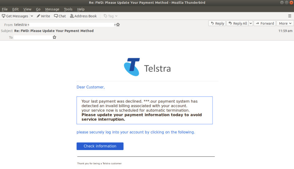 Here&#39;s what the latest email scam spoofing Telstra looks like. (Source: MailGuard)