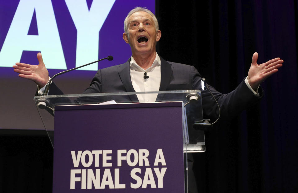 Former British Prime Minister Tony Blair speaks during the 'Final Say' election rally at the Mermaid Theatre in London, Friday Dec. 6, 2019.  Britain's Brexit is one of the main issues for political parties, pressure groups and for voters, as the UK prepares for a General Election on Dec. 12. (Yui Mok/PA via AP)