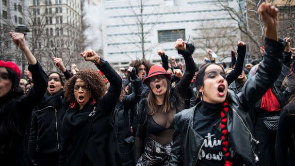 PHOTO: In this Jan. 10, 2020, file photo, women protest against rape in front of the court while Harvey Weinstein attends a pretrial session  in New York. (Kena Betancur/Getty Images, FILE)