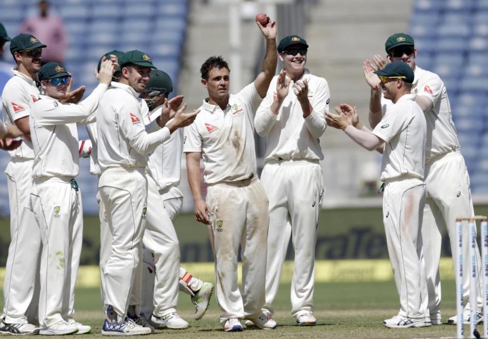 Australia’s Steve O’Keefe, celebrates his fifth wicket in the second innings.