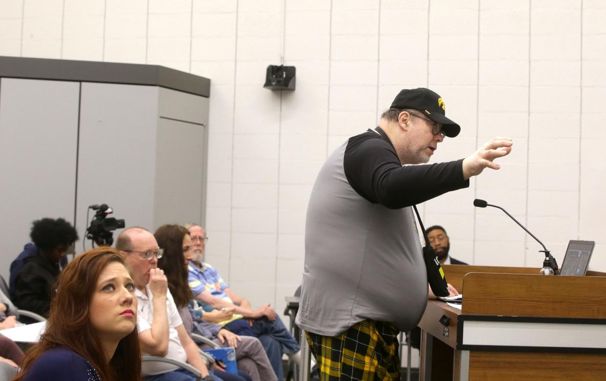 Gary Skarda, owner of the East Bloomington Street property up for historic designation, speaks during public comment at the Iowa City City Council’s on Tuesday, April 16, 2024 at Iowa City City Hall in Iowa City, Iowa.