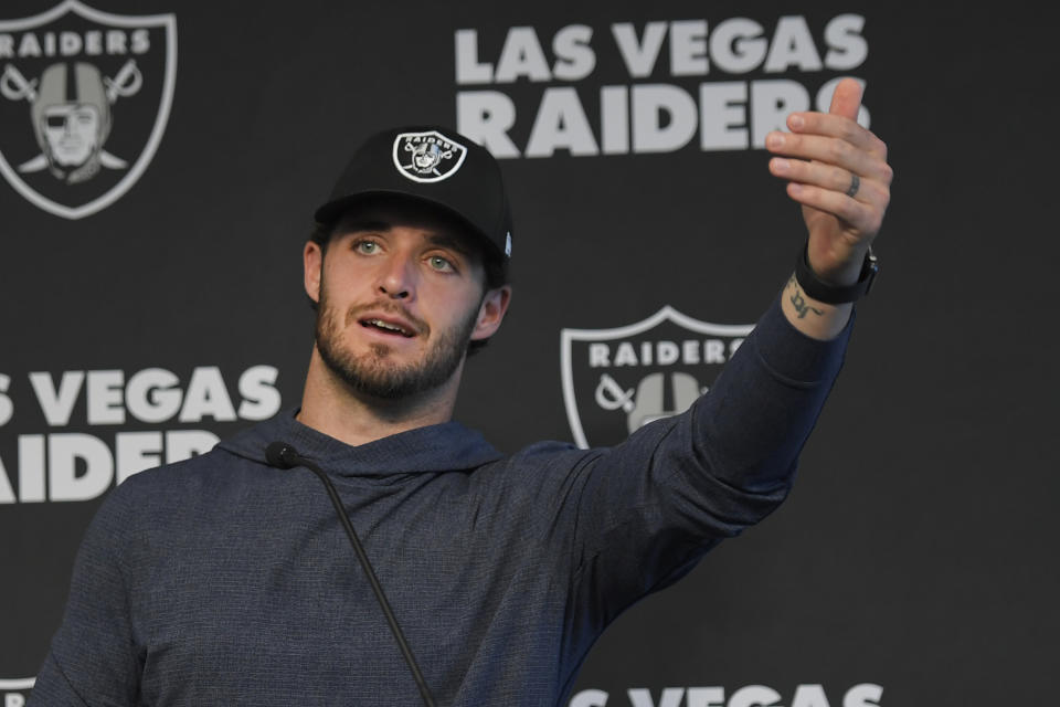 Las Vegas Raiders quarterback Derek Carr speaks during a press conference after NFL football practice Wednesday, Oct. 13, 2021, in Henderson, Nev. (AP Photo/David Becker)