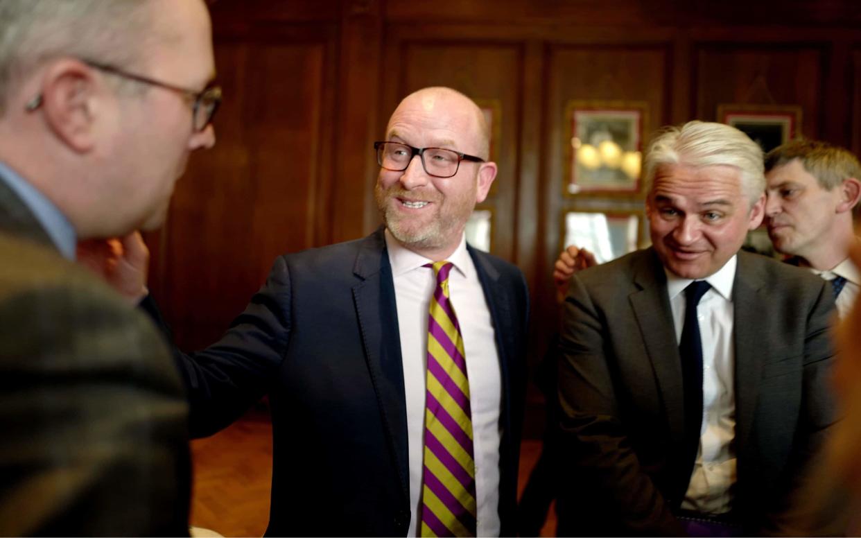 Paul Nuttall is quizzed by the Telegraph's Christopher Hope as he unveils a rebranding of Ukip - SilverHub/REX/Shutterstock/SilverHub/REX/Shutterstock