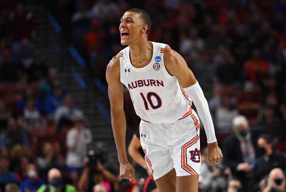 Auburn Tigers forward Jabari Smith celebrates a basket against Jackson State during the first round of the 2022 NCAA men's tournament.