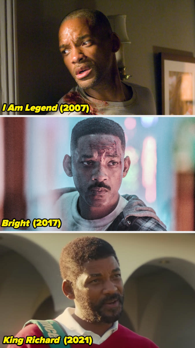 Stills of Will Smith from "I Am Legend," "Bright," and "King Richard."