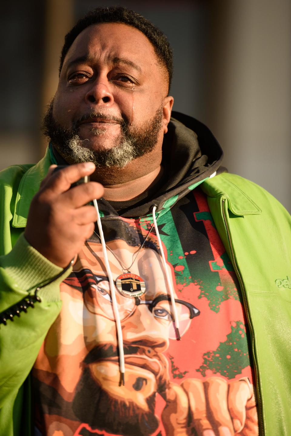 Tears roll down the face of Jacob Blake Sr. as he talks about his son, Jacob Blake Jr., who was shot by police in Kenosha, Wisconsin, during a Justice for Jason Walker demonstration on Thursday, Jan. 13, 2022, in Fayetteville, N.C. Jason Walker, 37, was shot and killed on Saturday by an off-duty Cumberland County SheriffÕs deputy.