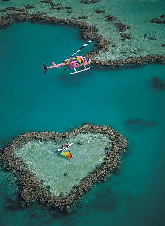 The Whitsundays region of the Great Barrier Reef offers helicopter and scenic seaplane flights to the perfectly formed Heart Reef.